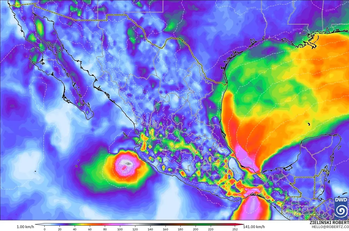 Ráfagas hasta 120 km/h cerca de México, domingo 18 de octubre de 2026. Modelo ICON