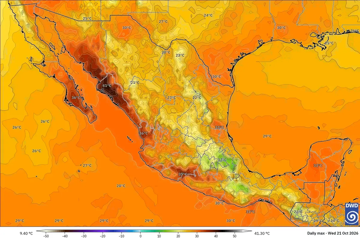 Máximas hasta 41 °C, con un núcleo de calor extremo (≥ 40 °C) en todo México, miércoles 21 de octubre de 2026. Modelo ICON