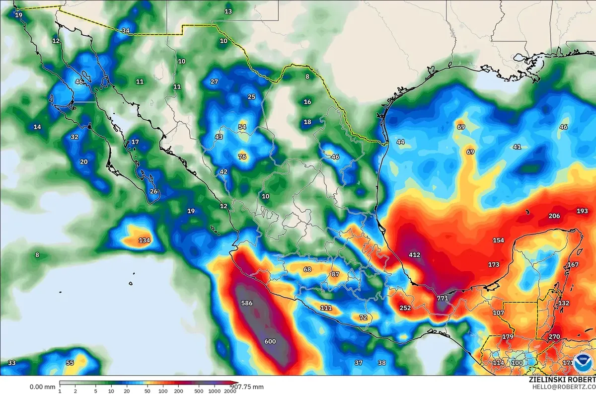 Lluvia hasta 732 mm en 5.3 días, con un núcleo de lluvia extrema (≥ 100 mm por día) cerca de México, miércoles 21 de octubre de 2026. Modelo GFS