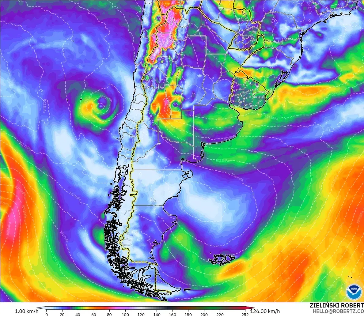 Ráfagas de hasta 105 km/h en Argentina, sábado 24 de octubre de 2026. Modelo GFS