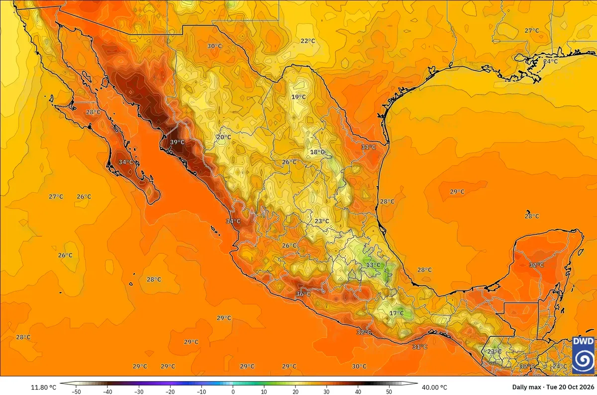 Máximas de hasta 40 °C en México, martes 20 de octubre de 2026. Modelo ICON
