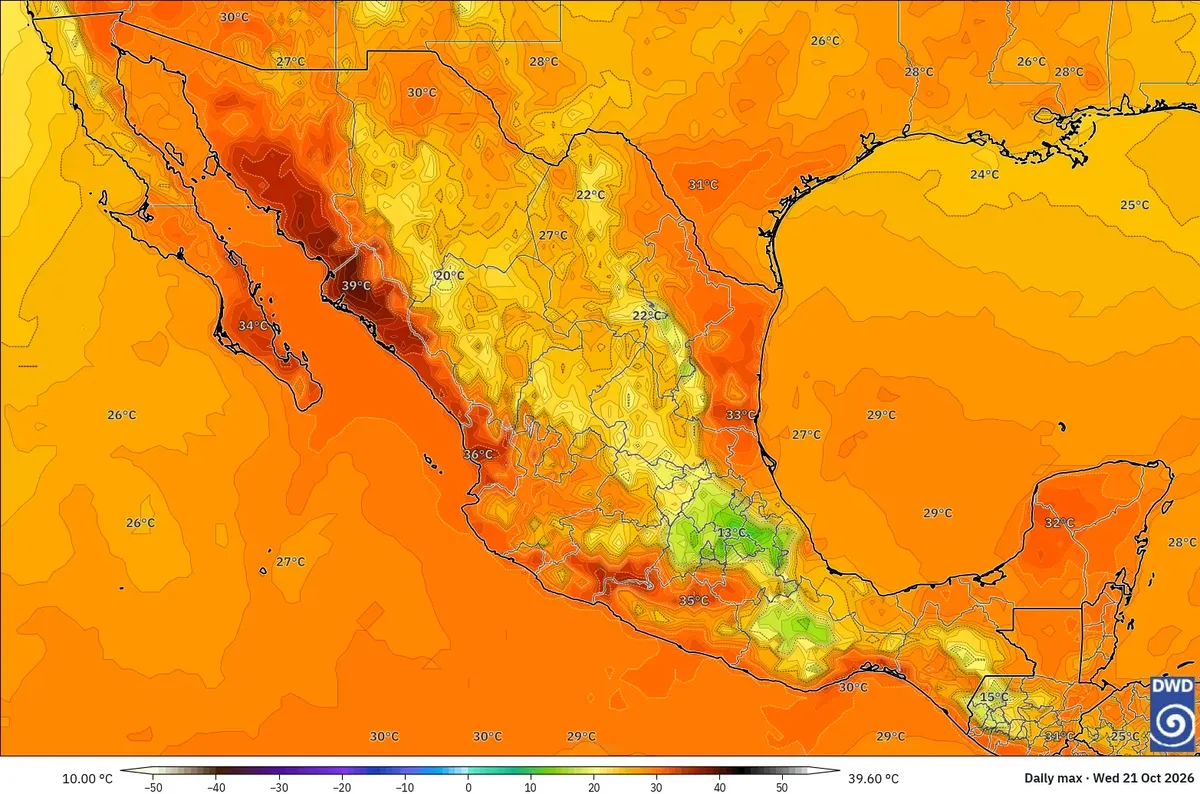 Máximas de hasta 40 °C en México, miércoles 21 de octubre de 2026. Modelo ICON