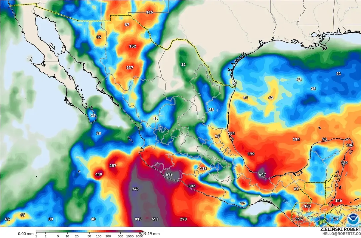 Lluvia de hasta 1361 mm en 7.8 días, con un núcleo de lluvia extrema (≥ 100 mm por día) cerca de México, lunes 26 de octubre de 2026. Modelo GFS