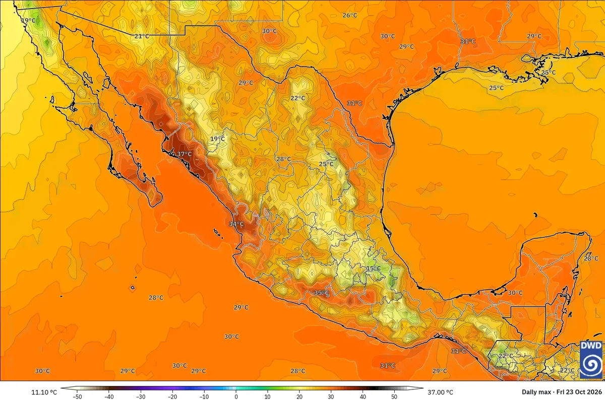 Máximas de hasta 37 °C en México, viernes 23 de octubre de 2026. Modelo ICON