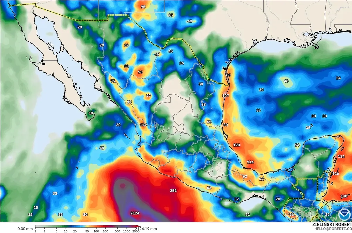 Lluvia acumulada de hasta 1361 mm en 6.8 días, con un núcleo de lluvia extrema (≥ 100 mm por día) cerca de México, miércoles 28 de octubre de 2026. Modelo GFS