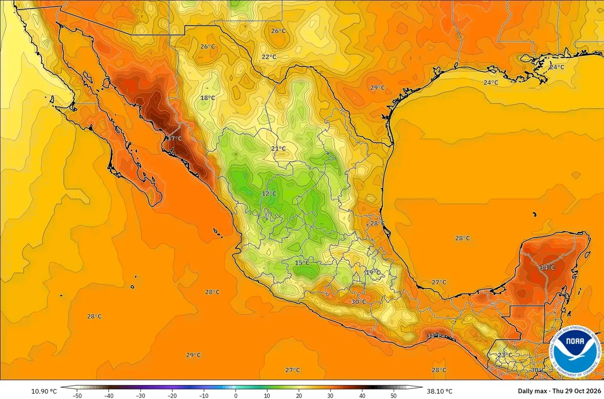 Máximas de hasta 38 °C en México, jueves 29 de octubre de 2026. Modelo GFS