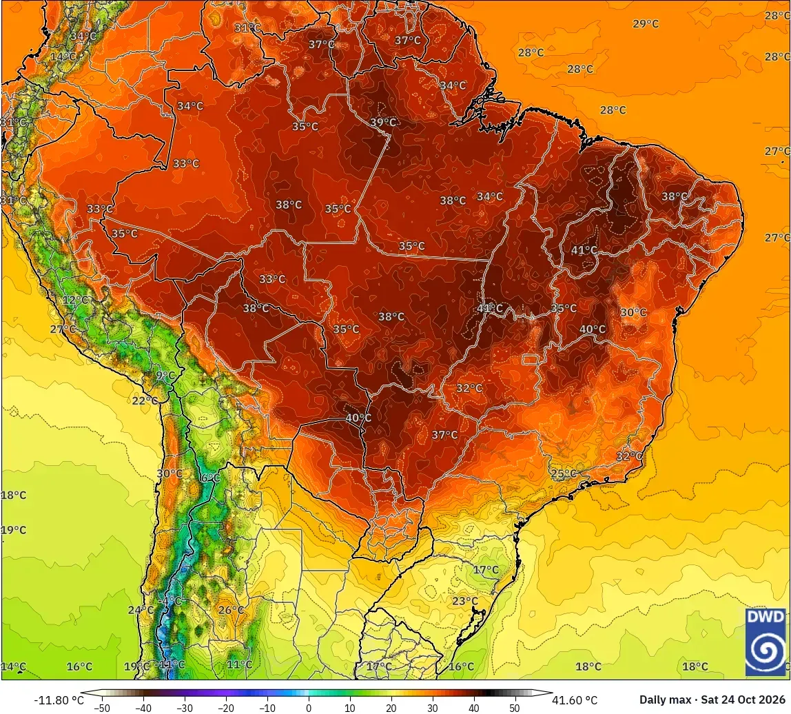 Máximas hasta 42 °C, con un núcleo de calor extremo (≥ 40 °C) en Brasil, sábado 24 de octubre de 2026. Modelo ICON