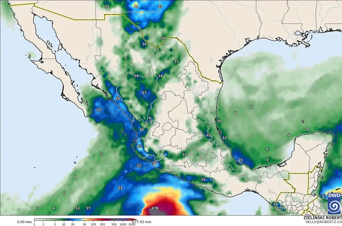 Lluvias hasta 537 mm en 3.3 días, con un núcleo de lluvia extrema (≥ 100 mm por día) en el sur de México, lunes 26 de octubre de 2026. Modelo ICON