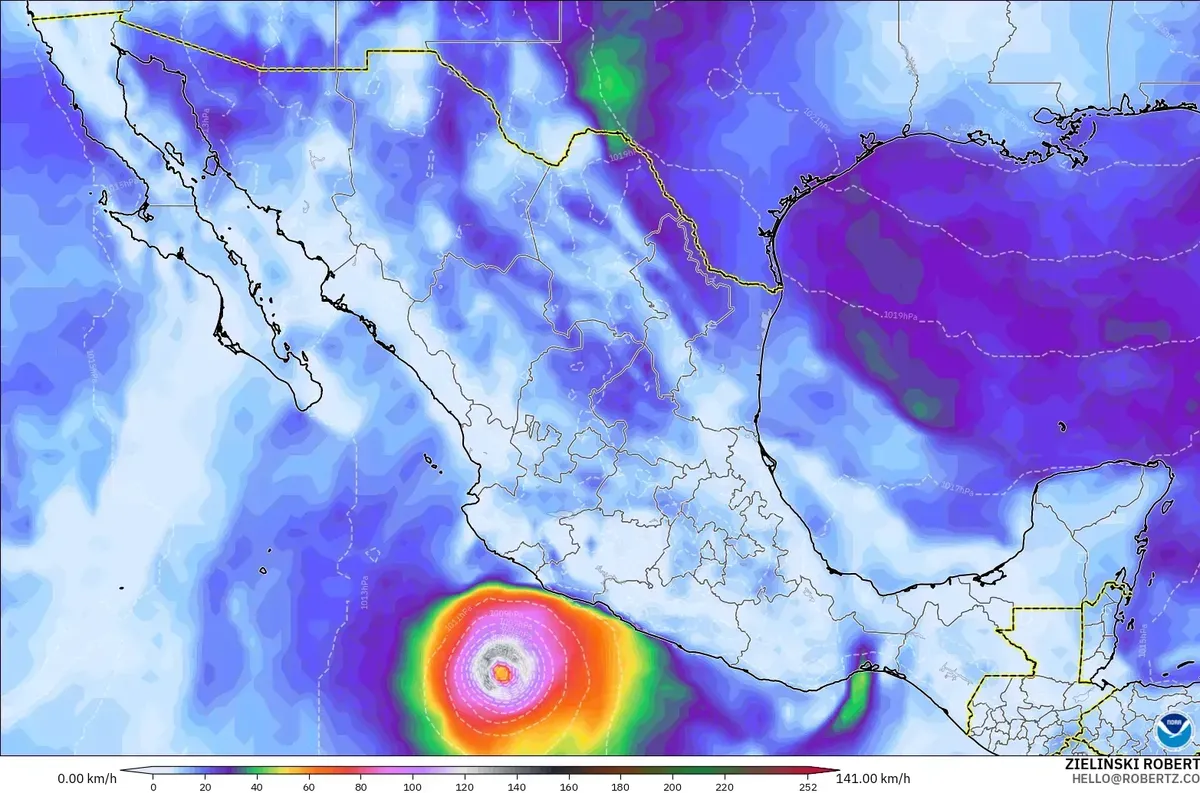 Ráfagas hasta 127 km/h, con un núcleo de fuerza de tifón (≥ 118 km/h) cerca de México, miércoles 28 de octubre de 2026. Modelo GFS