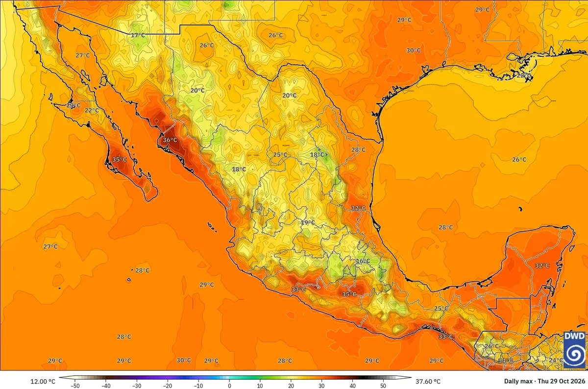 Máximas hasta 38 °C en todo México, jueves 29 de octubre de 2026. Modelo ICON