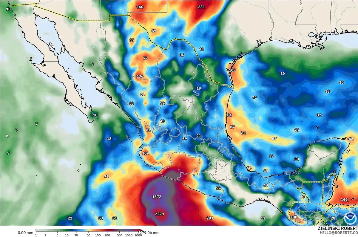 Lluvias hasta 1590 mm en 7.3 días, con un núcleo de lluvia extrema (≥ 100 mm por día) cerca de México, viernes 30 de octubre de 2026. Modelo GFS