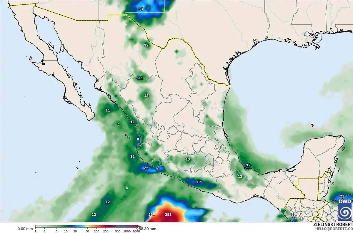 Lluvia de hasta 212 mm en 1.3 días, con un núcleo de lluvia extrema (≥ 100 mm por día) cerca de la Ciudad de México, domingo 25 de octubre de 2026. Modelo ICON