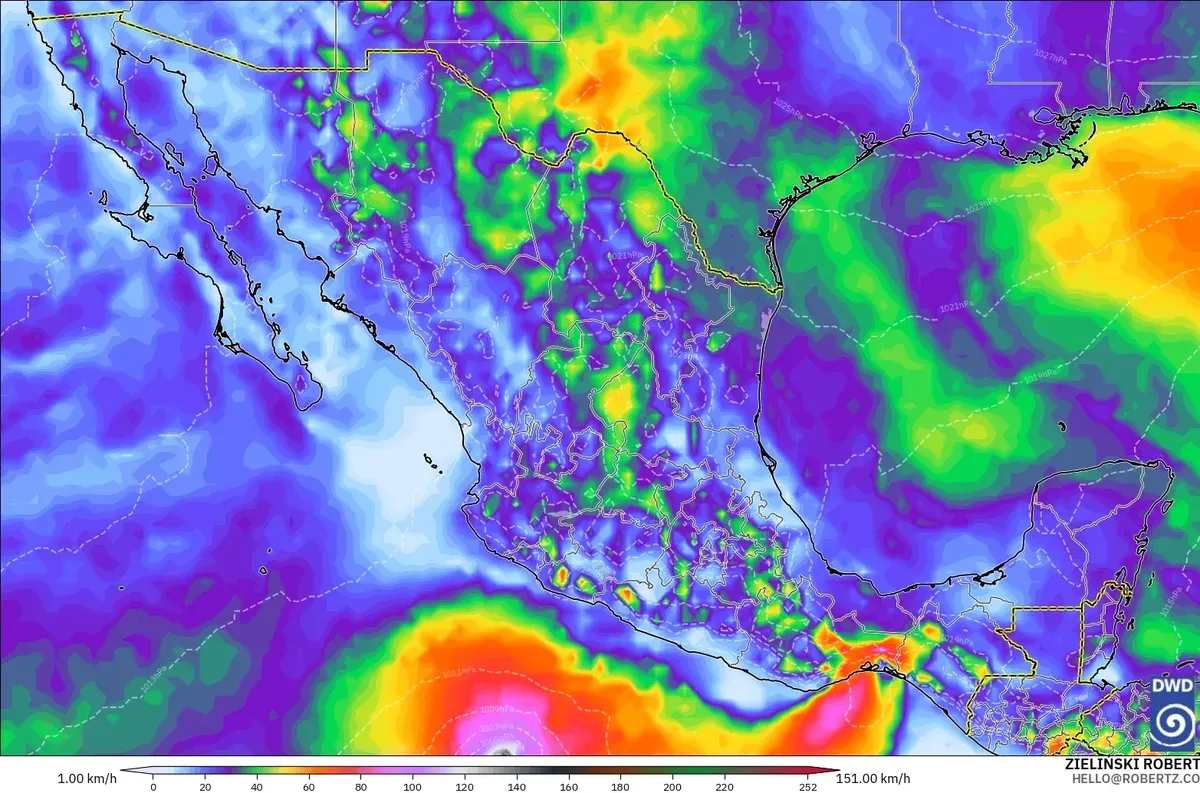 Rachas de viento de hasta 106 km/h al sur de la Ciudad de México, domingo 25 de octubre de 2026. Modelo ICON