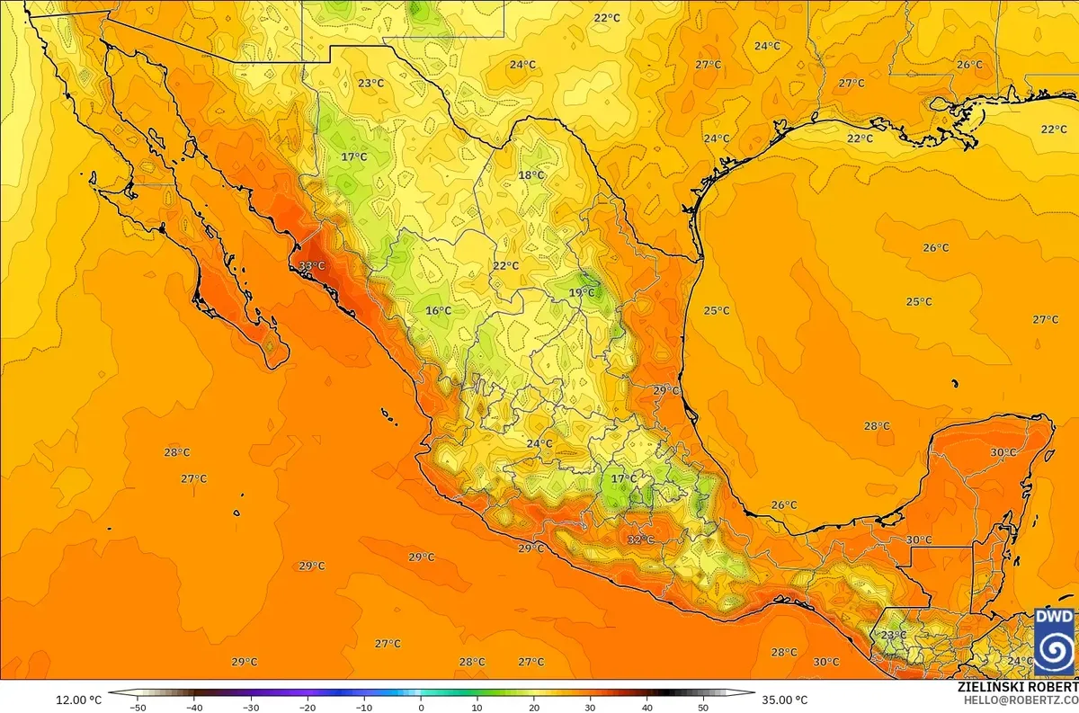 Temperaturas de hasta 32 °C en todo México, martes 27 de octubre de 2026. Modelo ICON