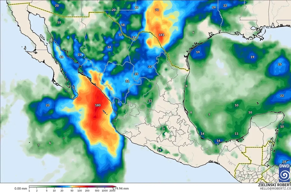 Lluvia de hasta 133 mm en 3.5 días cerca de México, sábado 31 de octubre de 2026. Modelo ICON