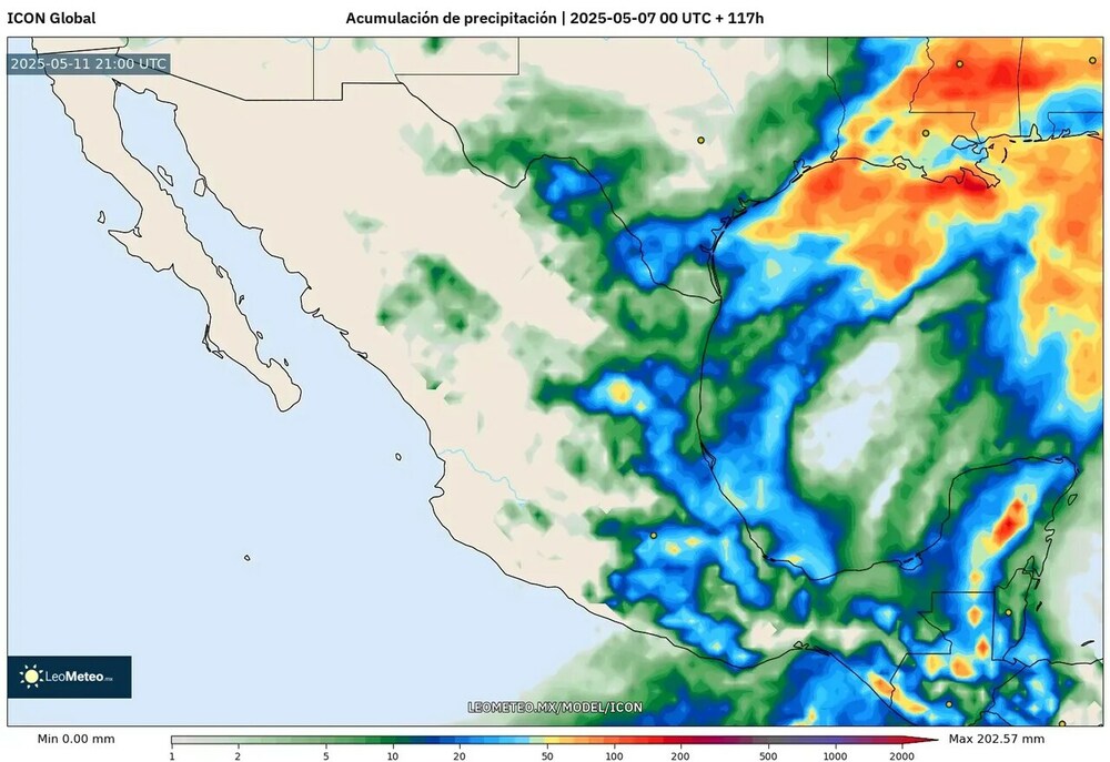 Acumulación de lluvia en México hasta el 11 de mayo de 2025 – Modelo ICON