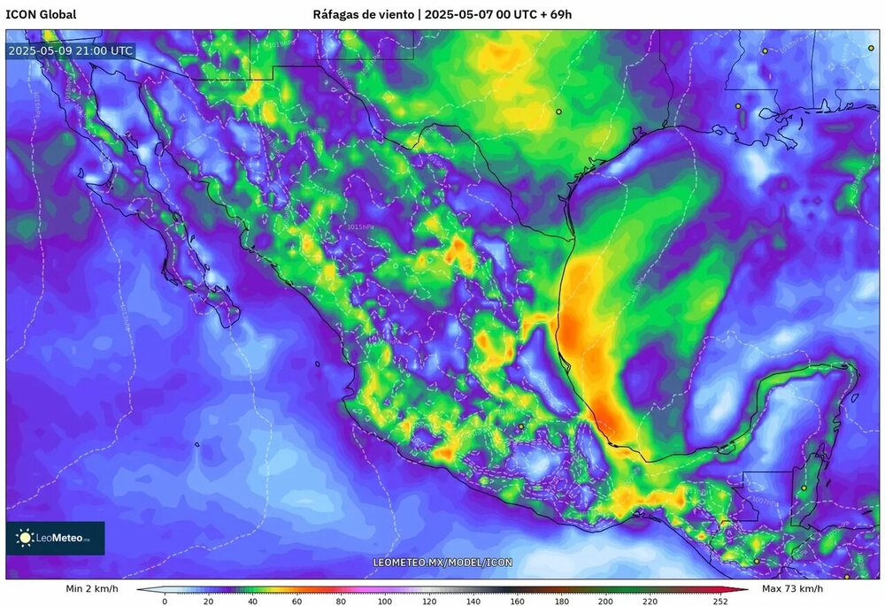 Rachas de viento en México el 9 de mayo de 2025 – Pronóstico ICON +69h