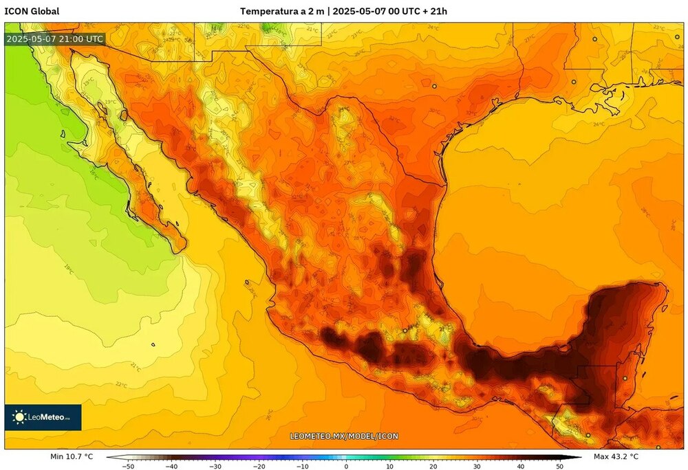 Temperatura a 2 metros en México el 7 de mayo de 2025 – Modelo ICON +21h
